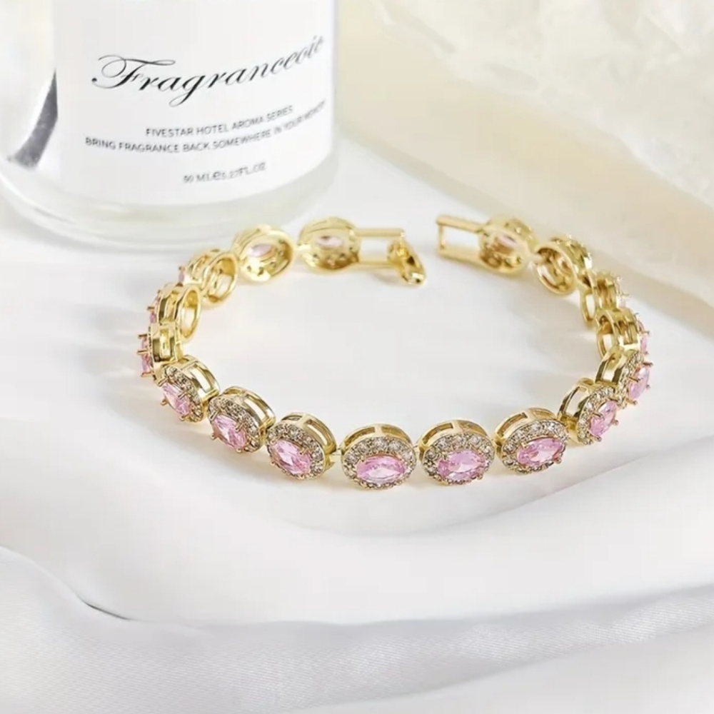 🆕️💎PINK ZIRCON OVAL TENNIS BRACELET - GOLD TONE💎 - Picture 2 of 10
